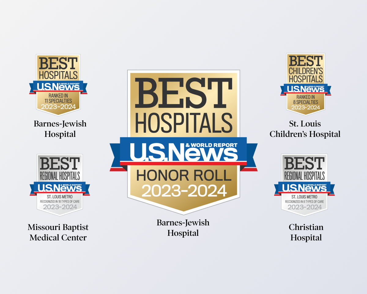 US News Badges, 2023-2024: Best Hospitals - Barnes-Jewish Hospital - Honor Roll and 11 ranked specialties, St. Louis Children's Hospital - 8 ranked specialties; Best Regional Hospitals - Missouri Baptist Medical Center - 18 recognized types of care, Christian Hospital - 8 recognized types of care